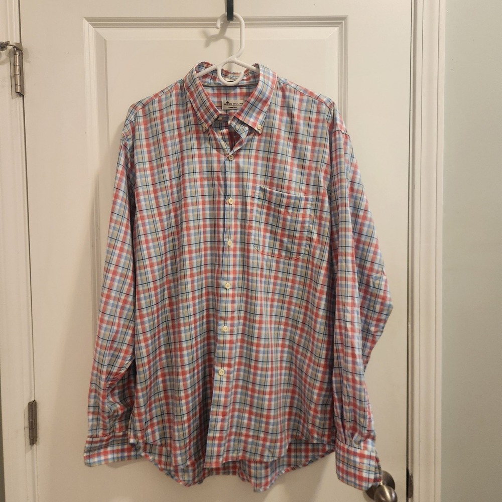 Peter Millar Crown Ease Mens XL Plaid Button Down Shirt Cotton Multi Color